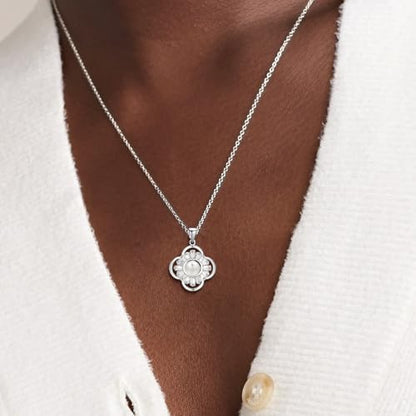 14K Gold Plated | 14K Platinum Plated Necklace for Women Necklace Earrings Set with Sparkling Zircon Inlay and Silver Post Earrings - color: Pearl flower silver suit