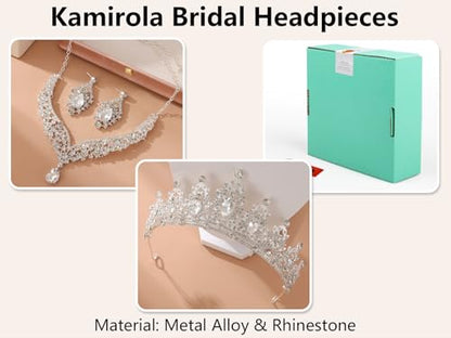 Kamirola Bridal Wedding Tiara Crown Jewelry Set for Women/Brides/Bridesmaids Crystal Jewelry Set for Wedding Prom Party Bridal Crystal Necklace Earrings Bracelet Set(TR60) - color: Silver