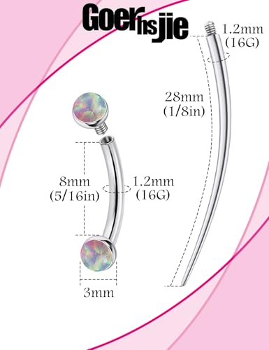 F136 Titanium 16g 6/8/10mm Opal Eyebrow/Rook/Snug/Vertical-Labret/VCH/Snake-Eyes/Anti-Tragus/Christina/Daith/Belly-Button/Bridge/Hood/Surface Curved Barbell Piercing Jewelry for Women Men - color: Pink, size: 8mm=5/16in