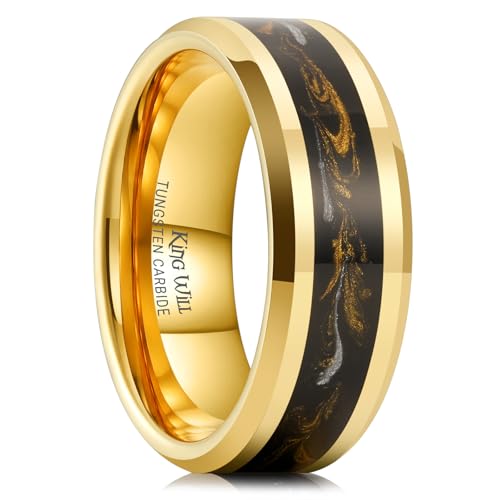 King Will Mens Galaxy Tungsten Wedding Band | 6mm/8mm, Beveled Edge, Comfort Fit, Durable, Sandstone Opal Inlay Polished, Everyday Wear - color: Black&Gold&White