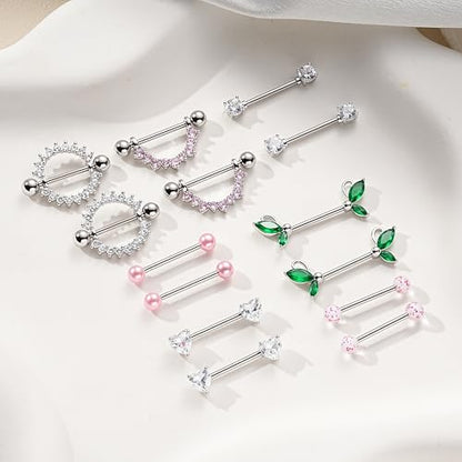 G&O JFU 7 Pairs 14G Nipple Rings Set – Stainless Steel Straight Barbell with CZ Stones, Gold Plated & Silver Tone, Butterfly Back Pink Nipple Piercing Jewelry for Women - color: Silver Pink Nipple Piercing Jewelry