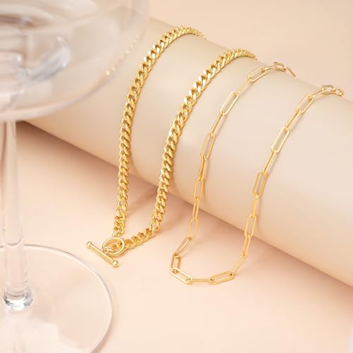 Layered Necklaces for Women 14k Gold Plated Chain Necklace Trendy Dainty Toggle Clasp Chunky Cuban Link Paperclip Chain Jewelry Gift - style: Style 4：Paperclip+Toggle
