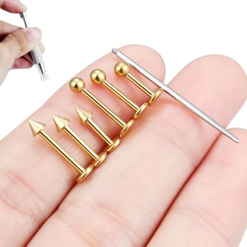 Internally Threaded Labret Studs 18G 16G 14G Surgical Steel Lip Piercing Jewelry with Claw Tool Monroe Snake Bite Jewelry Flat Back Barbell for Women Men Plus Piercing Ball Grabber Tool - color: goldtone, size: 16g,ball+spike end