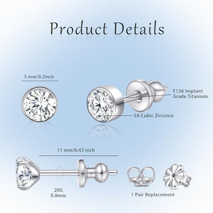 Limerencia Hypoallergenic G23 Pure F136 Implant Grade Titanium Earrings | 20G Flat Back Studs with CZ, Available in Round, Princess-Cut, Square & Ball, Earrings for Women and Men with Sensitive Ears - style: 5mm Round CZ