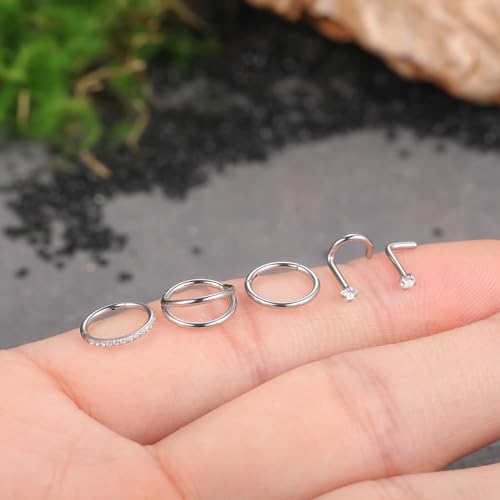 Xpircn 5pcs Hoop Nose Rings and L Shaped Nose Rings Stud Set 18G/20G Stainless Steel CZ Helix Conch Daith Tragus Cartilage Hoop Earrings for Women 6mm 7mm 8mm 10mm - color: Silver, size: 18G, 8mm hoop & 7mm studs