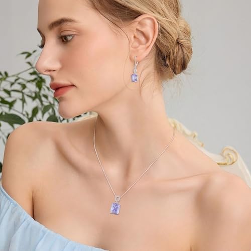 Emerald Cut Birthstone Necklace for Women 925 Sterling Silver | Baguette Birthstone Pendant Necklace, Jewelry for Mom Wife - color: Lavender