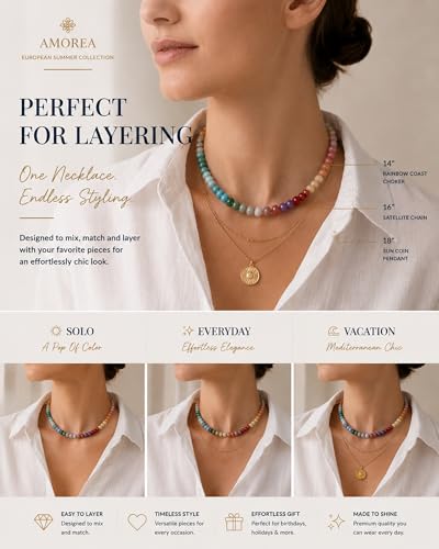 AMOREA Colorful Natural Gemstone Choker Necklace for Women, 5x8mm Genuine Stone Beads, Gold Accent Collarbone Necklace, Summer Vacation Jewelry - color: Rainbow Aura