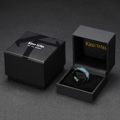 King Will Mens Wedding Band with Foils Inlay, Black/Silver/Gold Beveled Edge Glowstone Ring, 6mm/8mm Tungsten Carbide Rings Comfort Fit - color: Black&Bluegreen Opal+Gold-8mm
