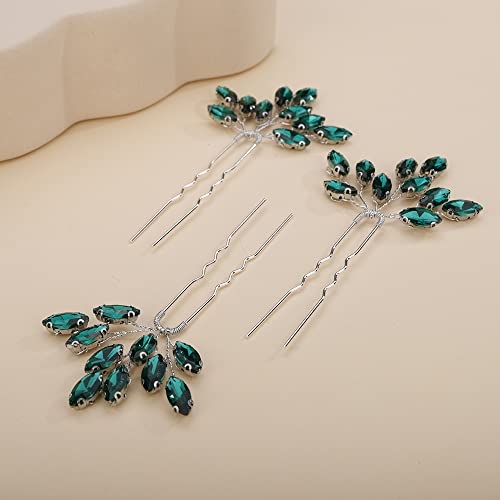Teyglen 3pcs Bridal Crystal Hair Pins Rhinestones Hair Pieces Simple Crystal Wedding Hair Accessories Handmade Hair Pins for Women Bride Girls (Green-Silver) - color: Green-Silver