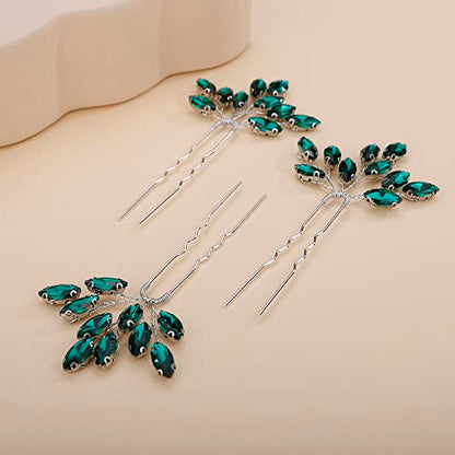 Teyglen 3pcs Bridal Crystal Hair Pins Rhinestones Hair Pieces Simple Crystal Wedding Hair Accessories Handmade Hair Pins for Women Bride Girls (Green-Silver) - color: Green-Silver