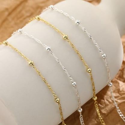 KOHOTA Silver Gold Bracelets for Women Trendy 14K Gold Plated Bracelet for Women Non Tarnish Dainty Stackable Layered Chain Heart Pearl Knot Beaded Bracelets Stack Set Charm Mothers Day Jewelry Gifts - color: D.Satellite beads-silver