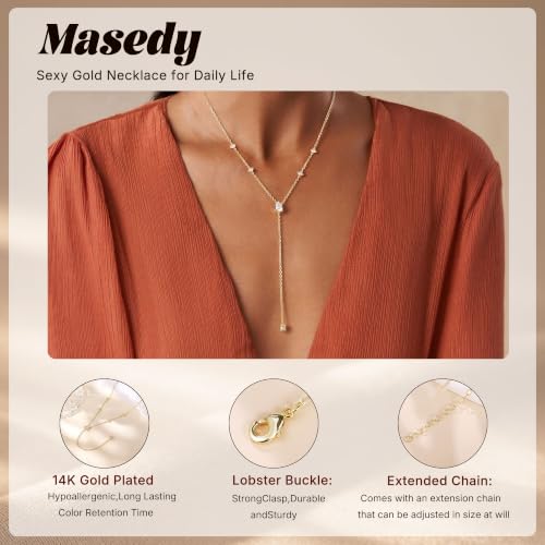 Long Gold Necklace for Women Dainty Layered Lariat Necklace | 14k Gold Plated Clover Teardrop CZ Y Shaped Drop Necklaces Cute Long Necklace for Women Trendy Prom Formal Womens Jewelry - color: Teardrop CZ y necklace