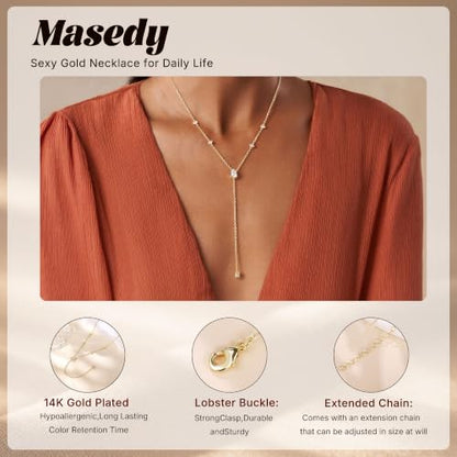 Long Gold Necklace for Women Dainty Layered Lariat Necklace | 14k Gold Plated Clover Teardrop CZ Y Shaped Drop Necklaces Cute Long Necklace for Women Trendy Prom Formal Womens Jewelry - color: Teardrop CZ y necklace