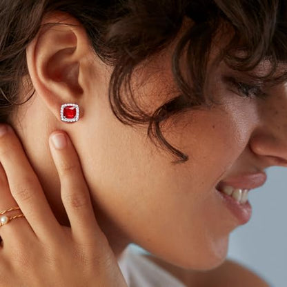 MILACOLATO S925 Sterling Silver Stud Earrings for Women Men Hypoallergenic 18K Gold Plated Cubic Zirconia Earrings Studs Brilliant Simulated Diamond Halo Earring for Sensitive Ears - style: 18K White Gold Plated - Red CZ