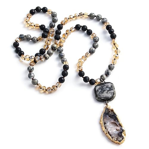 Yomisa Long Necklaces for Women Trendy, 33/34/35 inch | Boho Beaded Necklaces for Women, Natural Stone Pendant, Handmade Knotted Bead, Bohemian Holiday Summer Western Charm Jewelry - color: 34inch-Lava Stone