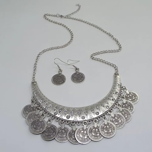Chunky Coin Necklace Earrings Set,Bohemia Plated Gold Coin Tassel Personalized Choker Earrings,Ethnic Gypsy Statement Jewelry Set for Women - color: Silver