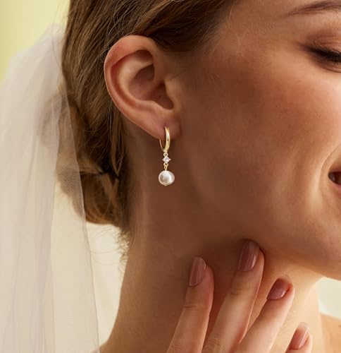 CHESKY Pearl Drop Earrings for Women, 14K Gold Plated Pearl Dangle Earrings | Dainty Pearl Earrings for Women,WaterProof Gold Brides Wedding Earrings,Bridesmaid Bridal Gift,Trendy Women Everyday Jewelry - style: hoop