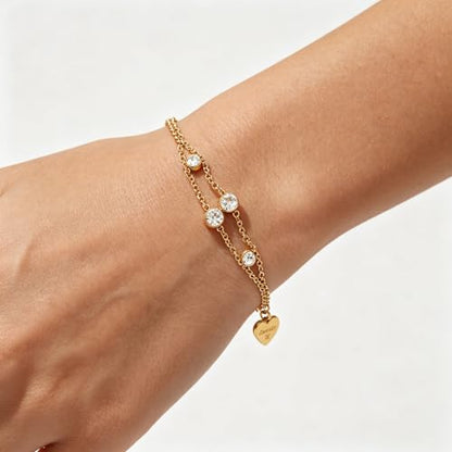 CTRLZTEAM 14K 18K Gold Plated Layered Bracelets for Women Stacked Bracelet | 14K 18K gold plated multi layer bracelets combine distinct chains with single clasp for instant pre-stacked style - style: Double Layer Zirconia Bezel Chain
