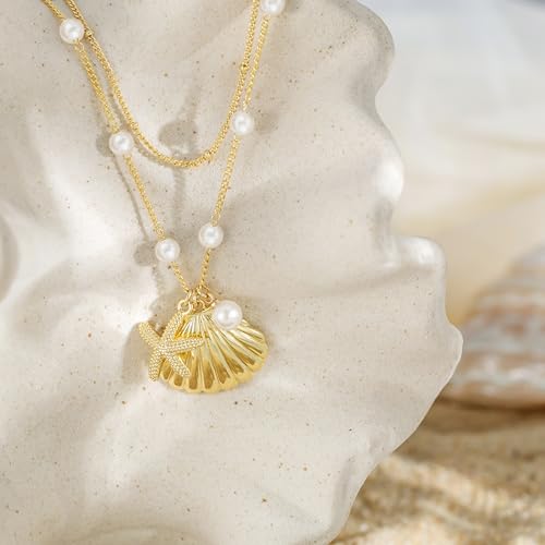 Shell Starfish Charm for Women, Dainty Layered 14K Gold Plated Seashell Conch Starfish Pearl Pendant Necklace for Women Stack Trendy Beach Cuban Link CZ Chain Necklace Summer Vacation Jewelry - color: 2PSC Layered/ Starfish & Shell Pearl