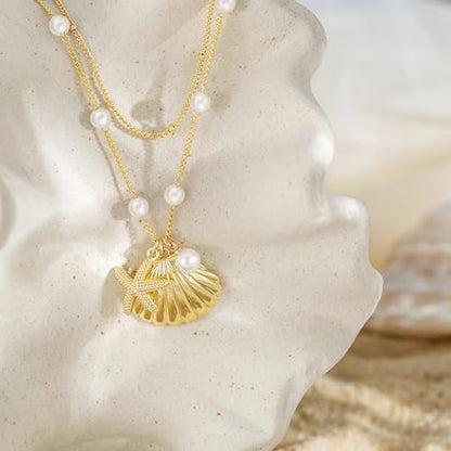 Shell Starfish Charm for Women, Dainty Layered 14K Gold Plated Seashell Conch Starfish Pearl Pendant Necklace for Women Stack Trendy Beach Cuban Link CZ Chain Necklace Summer Vacation Jewelry - color: 2PSC Layered/ Starfish & Shell Pearl