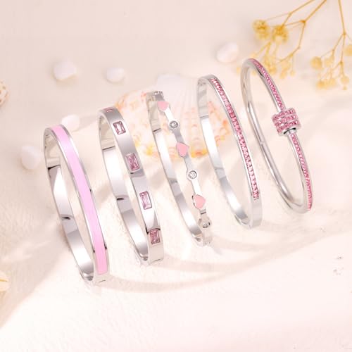 Camhanno Pink Heart Bangle Bracelets for Women - 18K Gold Plated Stackable Stainless Steel, Friendship & Love Jewelry Gift for Her - color: Silver+Pink