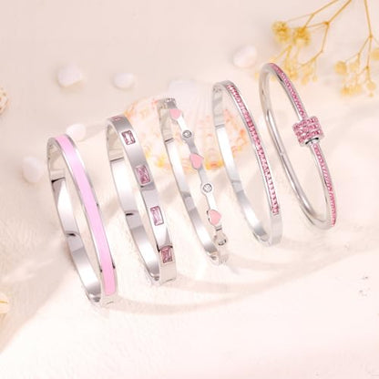 Camhanno Pink Heart Bangle Bracelets for Women - 18K Gold Plated Stackable Stainless Steel, Friendship & Love Jewelry Gift for Her - color: Silver+Pink