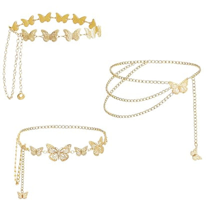 3 Pcs Gold Chain Belt for Women, Adjustable Waist Chain with Clover Butterfly Disc Pendants, Body Jewelry, Boho Belts for Women, Summer Beach Party - color: Gold-3