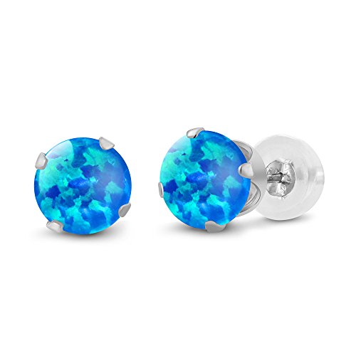 Gem Stone King 14K Gold Gemstone Birthstone Stud Earrings For Women Men | 4MM Round Cut | Solitaire Gold Studs with Secure Backs | Fine Jewelry for Her Him Mom Dad Wife - color: Blue Simulated Opal-Cabochon-October