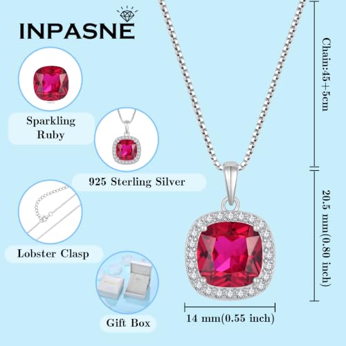 Birthstone Necklace for Women 925 Sterling Silver Princess Cut Halo Necklace Pendant Jewelry for Mom Wife - color: Red