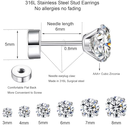 6 Pairs Surgical Steel Flat Back Earrings | CZ Stud Set | Hypoallergenic 316L Surgical Steel • Flat Back Threaded Studs for Cartilage, Helix & Lobe • 6 Mixed Sizes (3-8mm) - color: Flatback-White