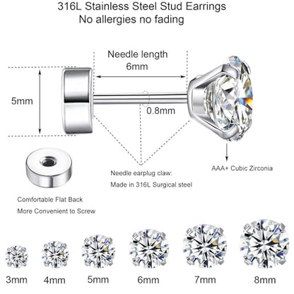 6 Pairs Surgical Steel Flat Back Earrings | CZ Stud Set | Hypoallergenic 316L Surgical Steel • Flat Back Threaded Studs for Cartilage, Helix & Lobe • 6 Mixed Sizes (3-8mm) - color: Flatback-White
