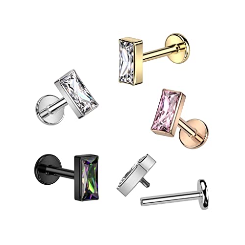Pierced Owl 16GA F136 Implant Grade Titanium Internally Threaded Rectangular CZ Crystal Top Flat Back Labret Stud - style: Gold Tone/Clear