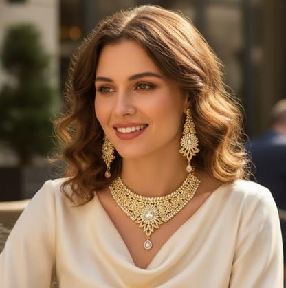 Touchstone Indian jewelry sets for women tikka wedding necklace costume guest statement bollywood rhinestones crystal faux pearls gold big royal neck piece set bridal fashion accessories - color: D313 Gold 2
