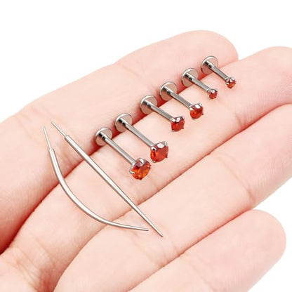 F136 Titanium 20/18/16G Earrings Nose Lip Rings Medusa Tragus Cartilage Helix Labret Flat Back Threadless Implant Grade Stud Piercing Jewelry for Women - color: Red CZ, size: 16g*6/8/10mm*2/3/4mm