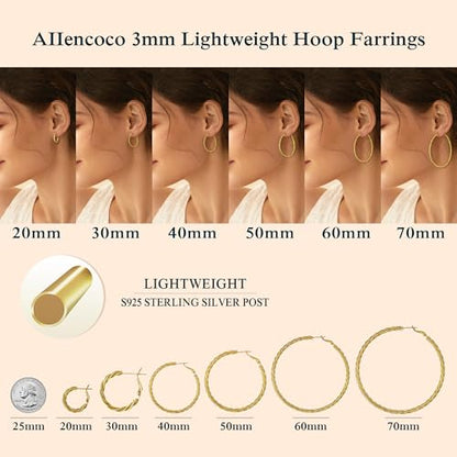 AllenCOCO Gold Hoop Earrings for Women, 18K Gold Plated Twisted Rope Design, Textured Thin Round Hoops with Sterling Silver Post Hypoallergenic 20-70mm - size: 70mm