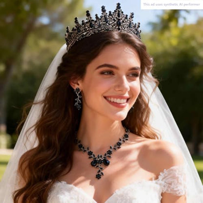 Kamirola Tiaras and Crowns for Women,Tiaras Earrings Necklace, Crystal Bridal Jewelry Set (TR48) - color: Black