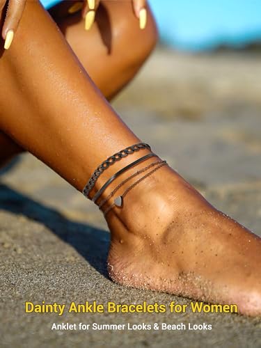 PROSTEEL Trendy Handcuffs Design/Customize Words Ankle Bracelet For Women, 316L Stainless Steel Anklets Silver/Gold/Black Tone, Hypoallergenic, Come with Box - style: 07.3 Layered-Cuban&Herringbone&Heart-Black