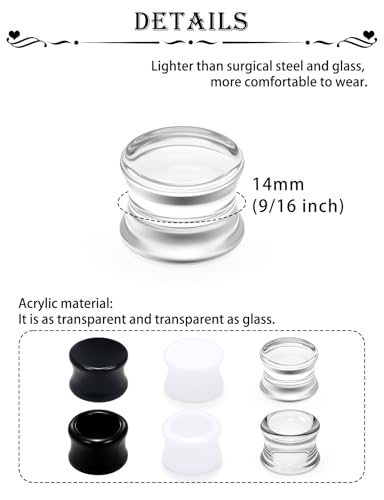 Ears Gauges Tunnels Plugs for Women Acrylic Solid Tunnel Ear Gauge Stretching Kit 6G to 1 1/4 Inch (4MM- 30MM) Expander Stretcher Plug Earrings Piercing Jewelry for Women Black White Clear - style: almost 9/16 inch, Black White Clear