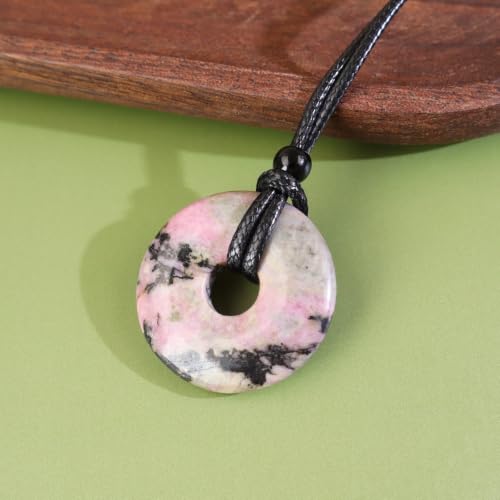 Anjiucc Natural Gemstone Pendant Necklce Lucky Coin Crystal Necklace Donut Pendnat with Adjustable Rope Healing Crystal for Men - color: Rhodonite