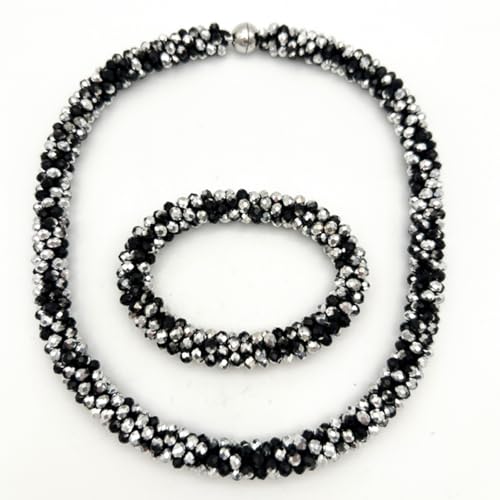 Hand Knotted Beads Statement Necklace Bracelet Jewelry Set Artificial Crystal Choker for Women- Handmade Beaded Strand Sparkly Faceted Crystal Rondelle-17inches, 30 Colors - color: Silvery&Black Set