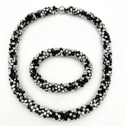 Hand Knotted Beads Statement Necklace Bracelet Jewelry Set Artificial Crystal Choker for Women- Handmade Beaded Strand Sparkly Faceted Crystal Rondelle-17inches, 30 Colors - color: Silvery&Black Set