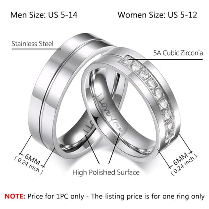 Couple Rings for Him and Her Stainless Steel Matching Promise Ring Princess Cut Bridal Couple Wedding Engagement Bands Cubic Zirconia CZ Band for Women Men Lover Jewelry Gifts Comfort Fit 5-15 - color: B,silver,I LOVE YOU,with zircon,1pc