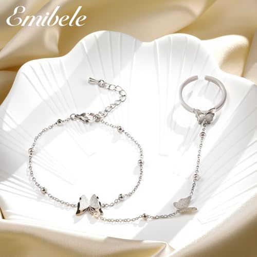 Emibele Gold Bracelets for Women, 18K Gold Plated Hand Chain, Cubic Zirconia Stainless Steel Non Tarnish Hand Chain Bracelet with Finger Ring, Adjustable Trendy Jewelry Valentines Day Gifts for Women - style: Silver Butterfly