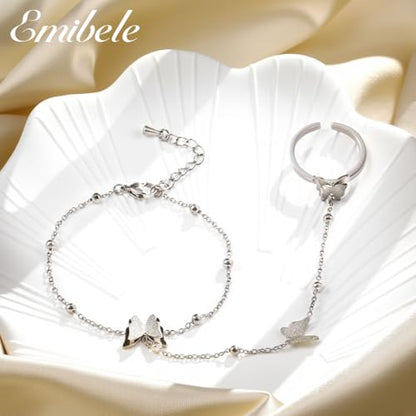 Emibele Gold Bracelets for Women, 18K Gold Plated Hand Chain, Cubic Zirconia Stainless Steel Non Tarnish Hand Chain Bracelet with Finger Ring, Adjustable Trendy Jewelry Valentines Day Gifts for Women - style: Silver Butterfly