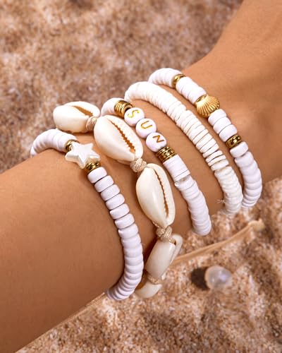 Shell Bracelets for Women Layered Seashell Starfish Bracelets Stackable Stretch Boho Beaded Bracelet Summer Beach Surfer Bracelet Seaside Beach Dress Outfits Accessories - color: A5:shell bracelets