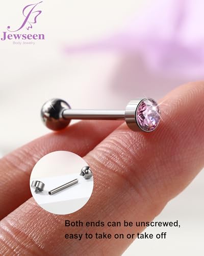 Jewseen ASTM F136 Hypoallergenic Titanium Super Light Tongue Ring Cute Crystal Internally Threaded 14G 16mm Piercing Jewelry-TIMELESS COLLECTION - color: Dream Pink