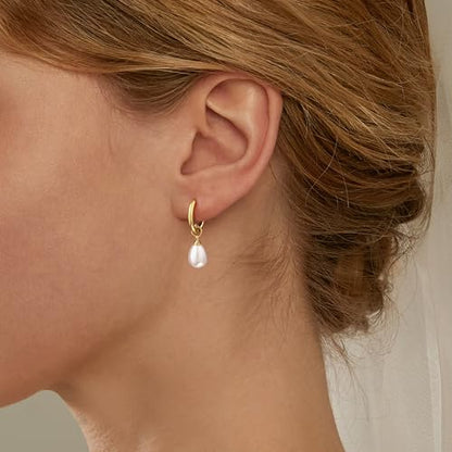 Robaice Pearl Earrings for Women, 14K Gold Plated Dangle Drop Earrings | Small Pearl Drop Huggie Hoop Earrings, Hypoallergenic Dainty Gold Earrings, Wedding Jewelry Gifts for Women Trendy - style: small drop pearl earrings