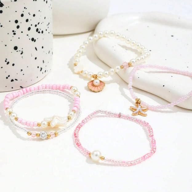 Spring Summer Beach 5-Piece Bracelet Set, Shell Starfish Seed Bead Faux Pearl Stackable Hand Jewelry for Women - color: WhitePink, size: One Size