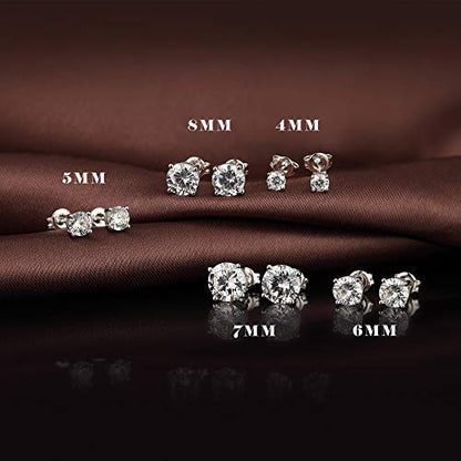 925 Sterling Silver Stud Earrings for Unisex, Stud Earring with 5A+ Cubic Zirconia Hypoallergenic Earrings for Women Men 4MM-8MM - size: 6mm