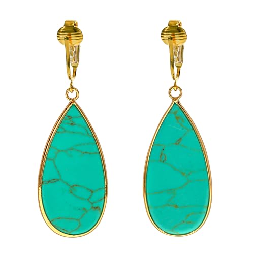 Aloha Earrings Non Pierced Gold Tone Clip On Natural Stone Teardrop Dangling Earrings - style: Turquoise